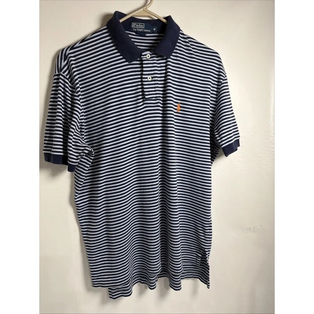 Polo Ralph Lauren Polo Mens Medium Collar Pony SS Blue Stripe Cotton 1/4 Button